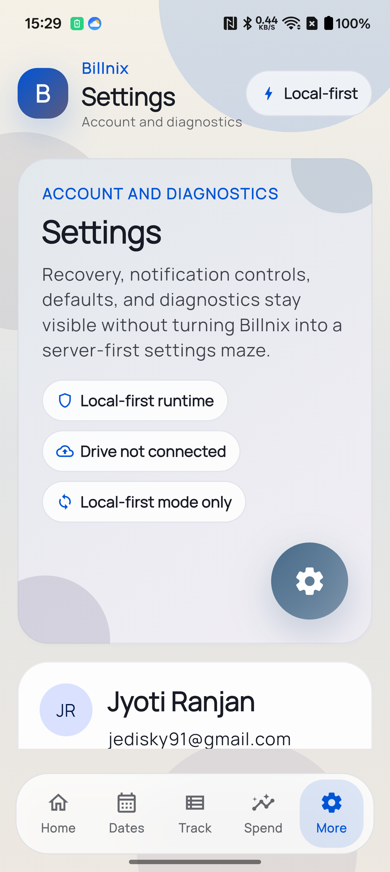 Billnix settings screen