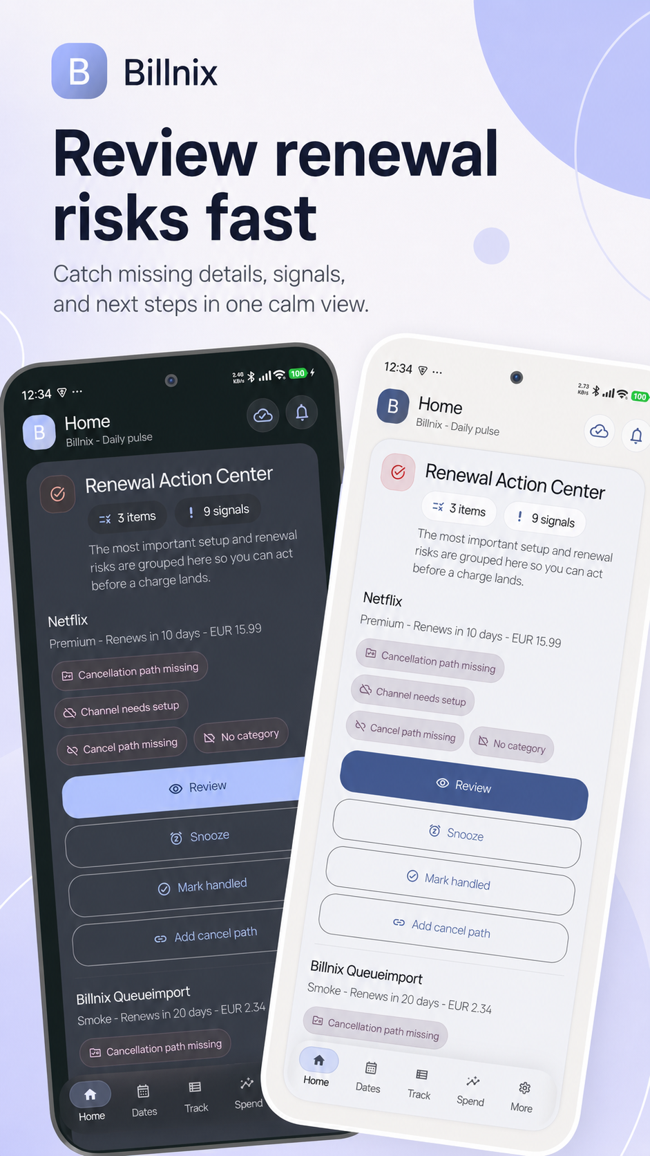 Billnix local-first subscription tracking feature graphic