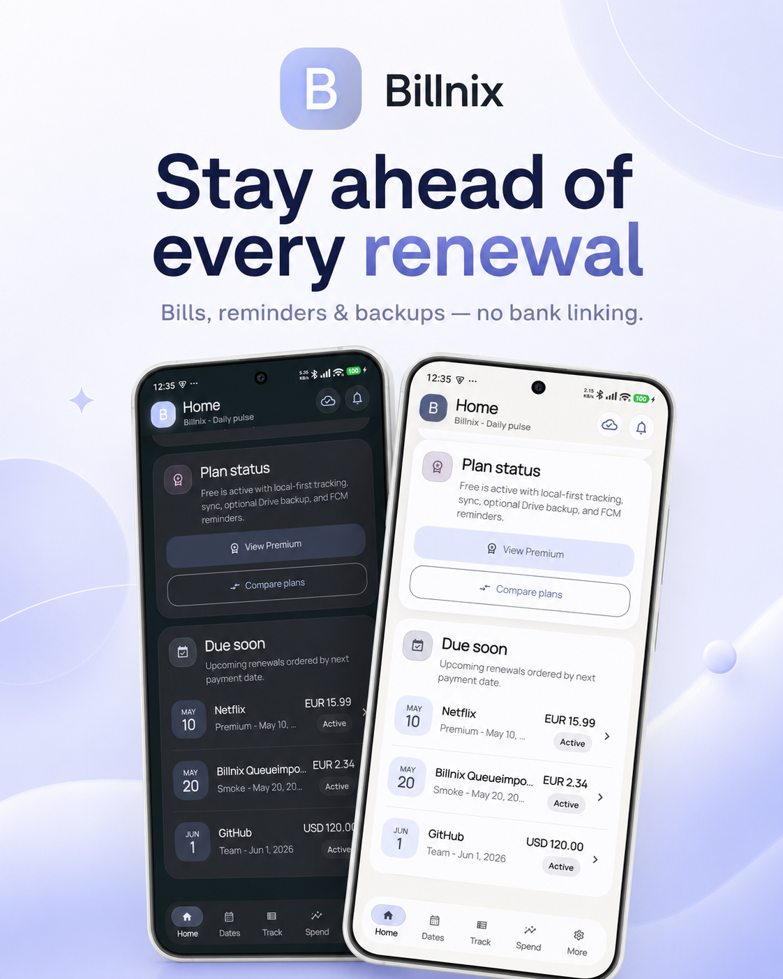 Billnix premium renewal control feature graphic