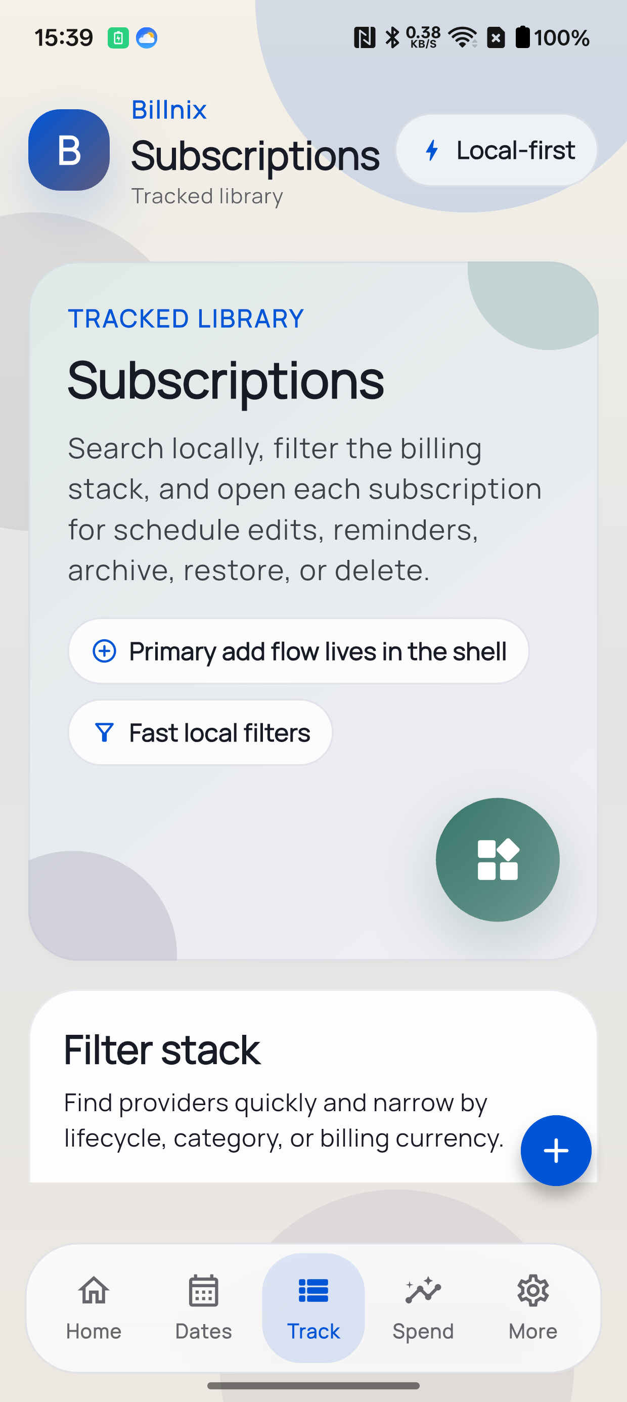 Billnix subscriptions screen